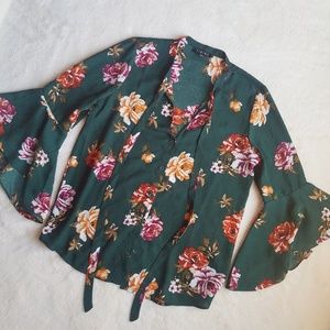 Timing Green Floral Button Up Blouse flared sleeve